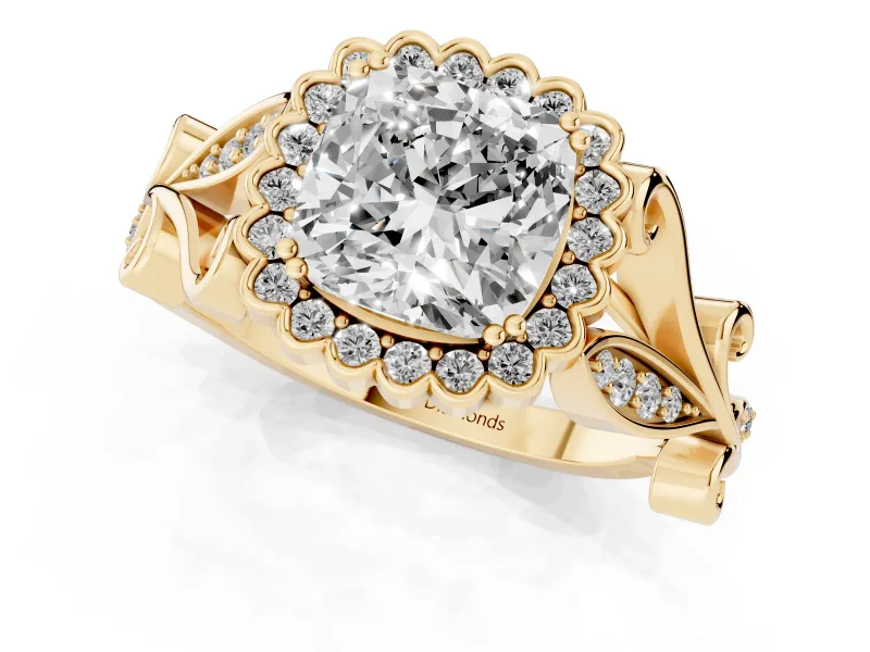 Cushion Cut Vintage Leaf Halo Engagement Ring Setting | Graduated Vine Shank | Yellow Gold
