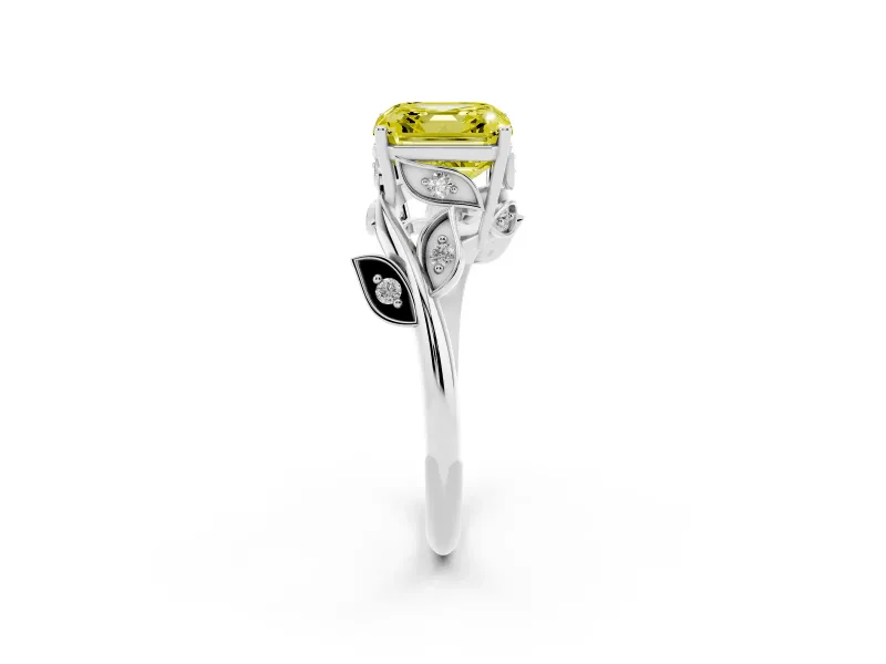 Asscher Cut Twisted Bypass Engagement Ring Setting for a Fancy Yellow Lab-Grown Diamond | Leaf Vine | Sterling Silver
