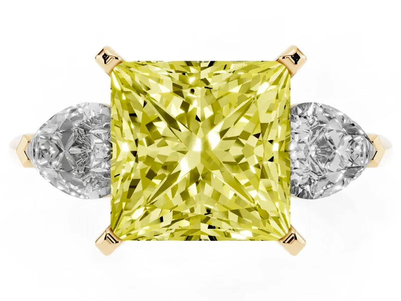 Fancy Yellow Three-Stone Princess Cut Diamond Ring Set in Yellow gold with Pear Side Stones and Prong Setting