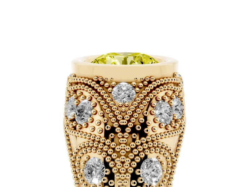 Fancy Yellow Round Cut Diamond Bezel Ring Set in Yellow gold with Milgrain Accent Band