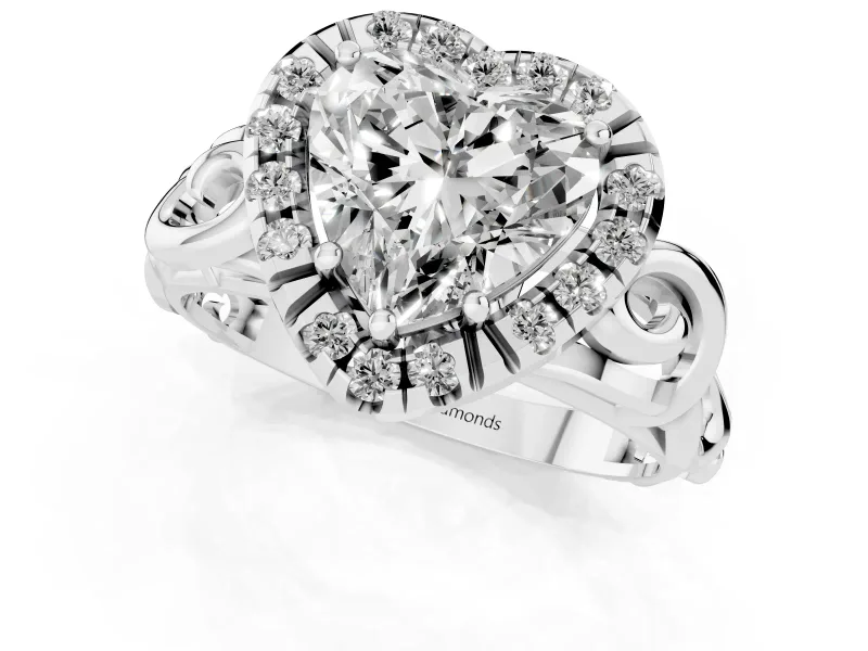 Heart Cut Diamond Halo Ring Set in Silver with Scrollwork Band and Prong Setting