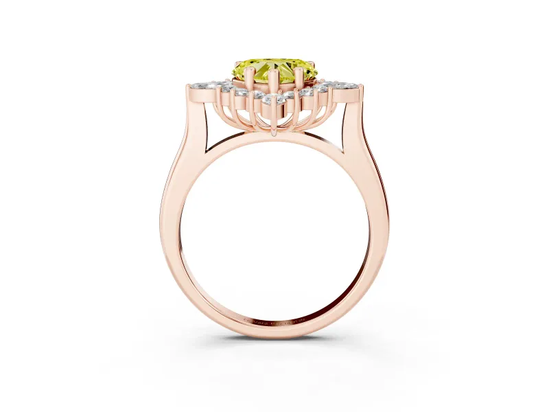 Fancy Yellow Heart Cut Diamond Cluster Halo Ring Set in Rose gold with Marquise and Round Accents