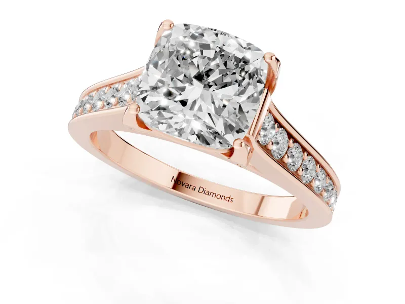 Cushion Cut Diamond Solitaire Pavé Engagement Ring Set in Rose gold with Prong Setting