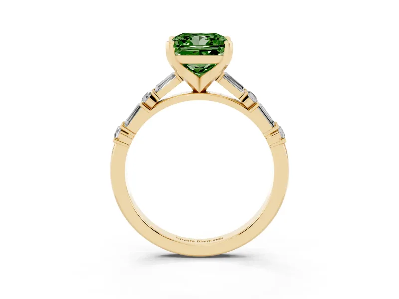 Princess Cut Baguette Side Stone Engagement Ring Setting for a Fancy Green Lab-Grown Diamond | Yellow Gold