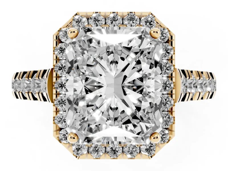 Radiant Cut Halo Engagement Ring Setting | Shared Prong Shoulders | Yellow Gold