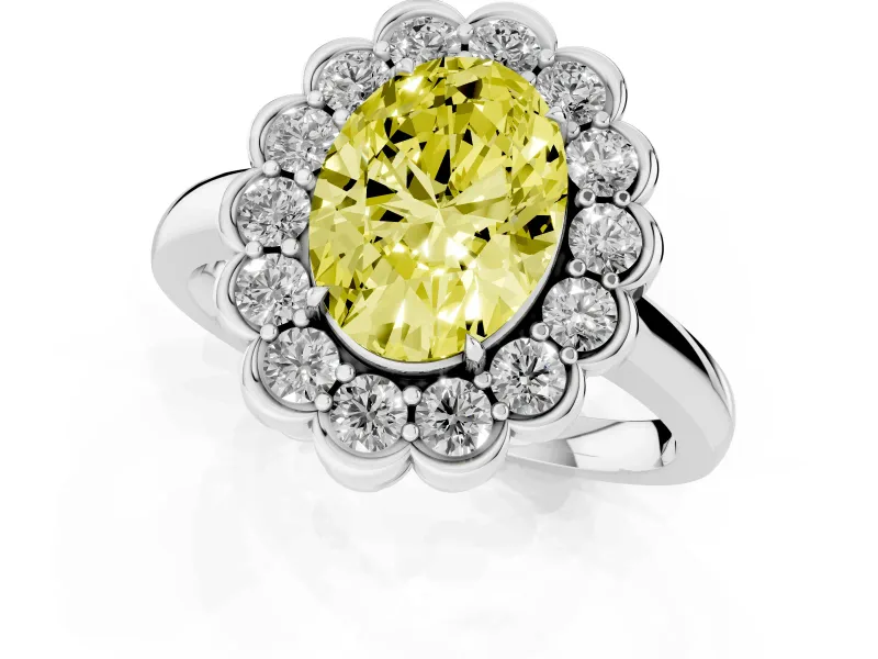 Oval Scalloped Cluster Halo Engagement Ring Setting for a Fancy Yellow Lab-Grown Diamond | Plain Band | Sterling Silver