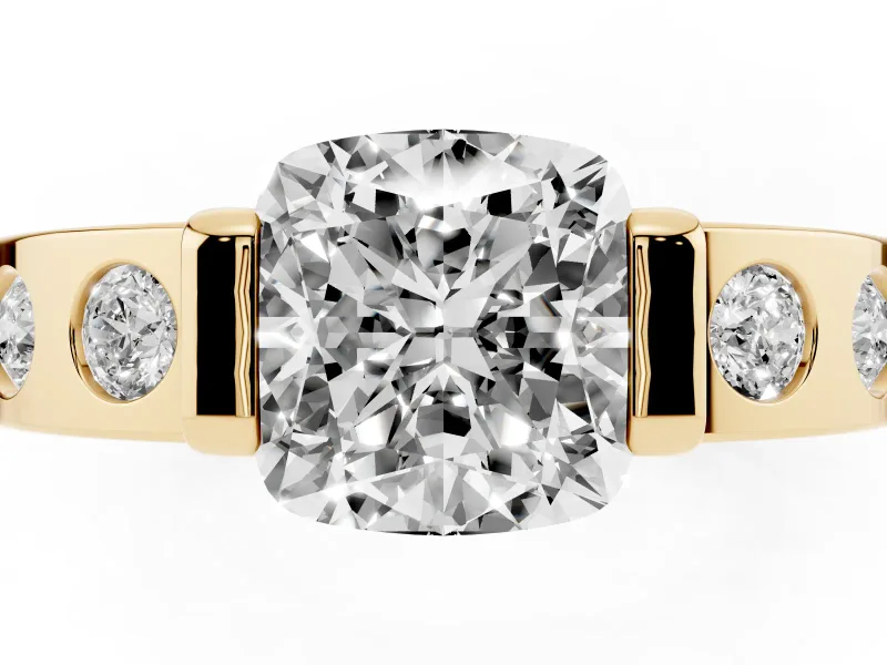 Cushion Cut Tension Style Engagement Ring Setting | Flush Set Accents | Yellow Gold