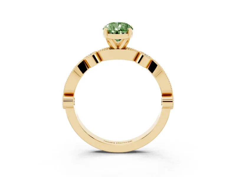 Fancy Green Pear Cut Diamond Solitaire Engagement Ring Set in Yellow gold with Milgrain Bezel Accent Band