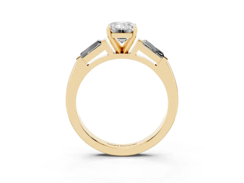 Emerald Cut Diamond Solitaire Ring Set in Yellow gold with Tapered Baguette Side Stones and Prong Setting