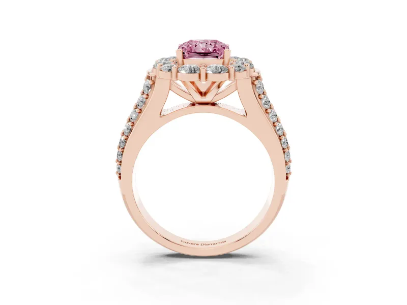 Fancy Pink Radiant Cut Diamond Halo Engagement Ring Set in Rose gold with Split Shank and Prong Setting