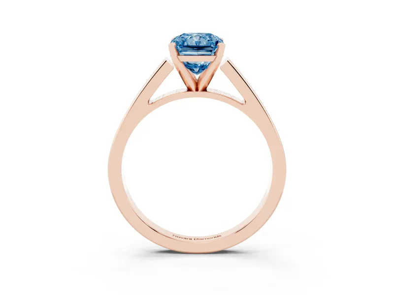 Fancy Blue Radiant Cut Diamond Solitaire Engagement Ring Set in Rose gold with Prong Setting and Tapered Band