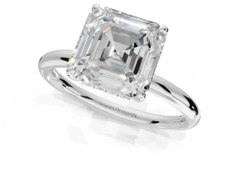 Asscher Cut Hidden Halo Engagement Ring Setting | Thin Plain Band | Sterling Silver