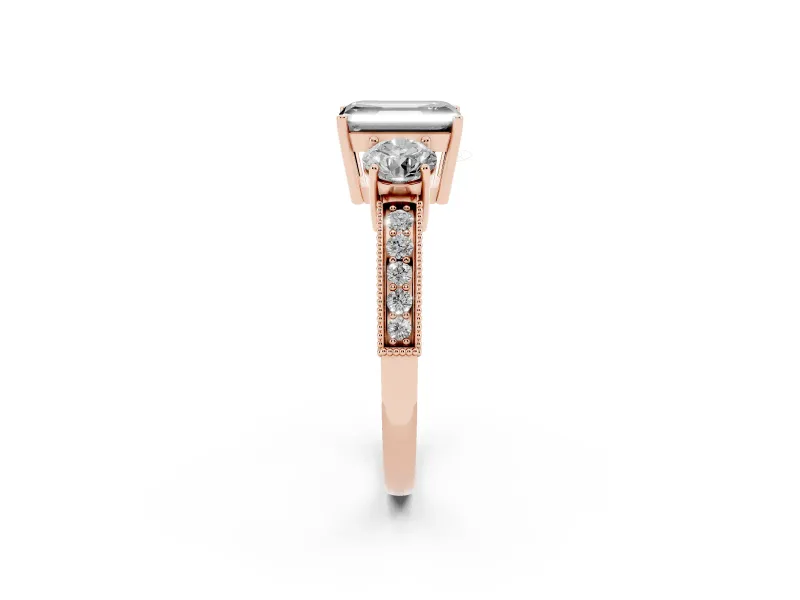 Fancy Black Emerald Cut Diamond Three-Stone Ring Set in Rose gold with Round Side Stones and Pavé Band