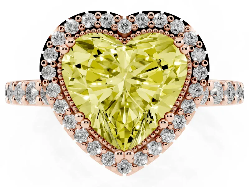 Fancy Yellow Heart Cut Diamond Halo Engagement Ring Set in Rose gold with Milgrain Detail and Pavé Band