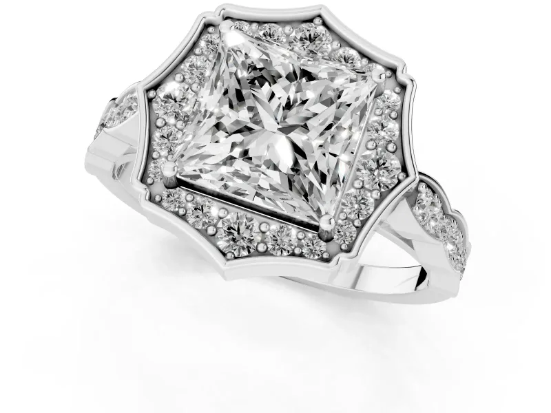 Princess Cut Vintage Scalloped Halo Engagement Ring Setting | Pave Band | White Gold