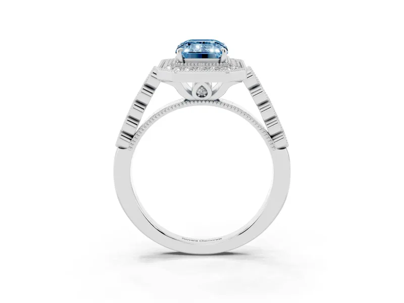 Emerald Cut Graduated Milgrain Halo Engagement Ring Setting for a Fancy Blue Lab-Grown Diamond | Sterling Silver