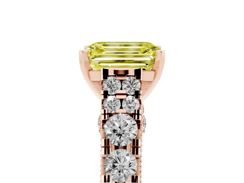 Emerald Cut Graduated Cathedral Engagement Ring Setting for a Fancy Yellow Lab-Grown Diamond | Side Stones | Rose Gold