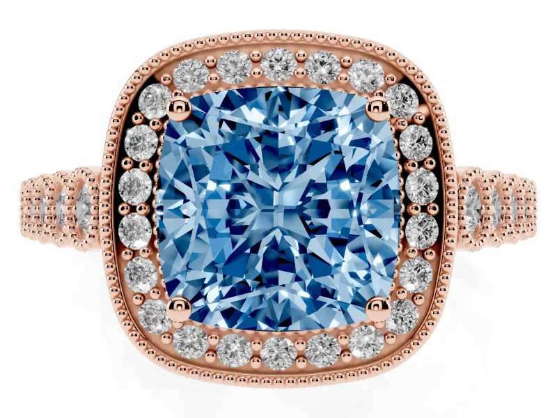 Cushion Cut Graduated Milgrain Halo Engagement Ring Setting for a Fancy Blue Lab-Grown Diamond | Rose Gold