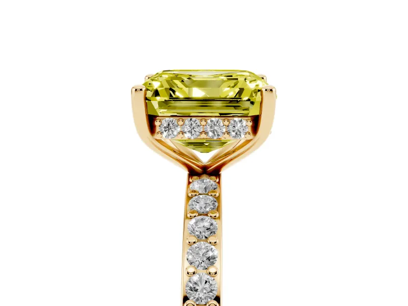 Fancy Yellow Asscher Cut Diamond Pavé Band Ring Set in Yellow gold with Prong-Set Center Stone
