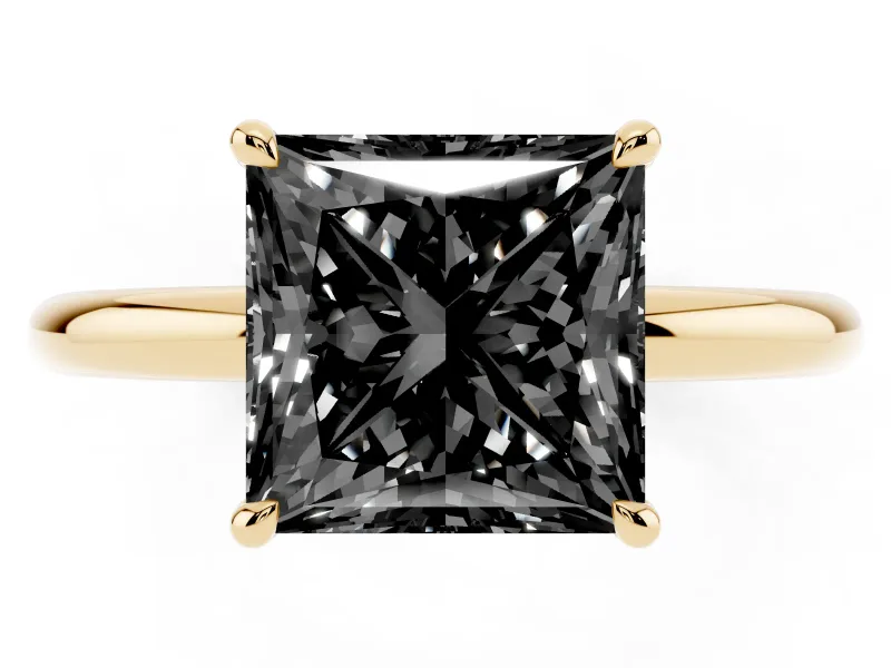 Fancy Black Princess Cut Diamond Solitaire Ring Set in Yellow gold with Thin Band and Prong Setting
