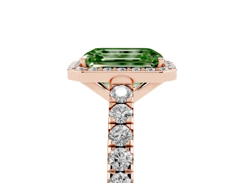 Emerald Cut Halo Pavé Engagement Ring Setting for a Fancy Green Lab-Grown Diamond | Rose Gold