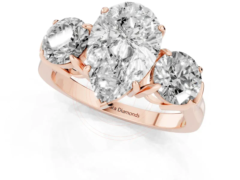 Pear-Shaped Three Stone Engagement Ring Setting | Round Side Stones and Open Baskets | Rose Gold