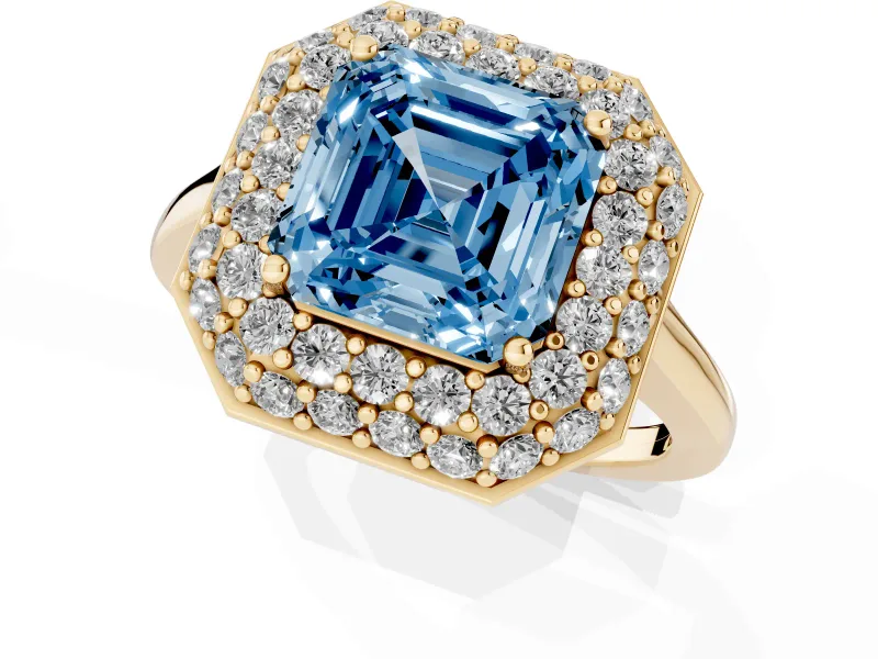 Fancy Blue Asscher Cut Diamond Halo Engagement Ring Set in Yellow gold with Solitaire Band and Prong Setting