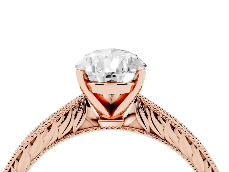Pear Cut Diamond Solitaire Milgrain Engraved Band Set in Rose gold with Prong Setting