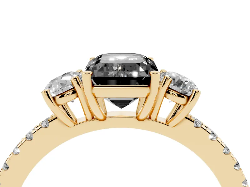 Emerald Cut Three Stone Engagement Ring Setting for a Black Center | Pavé Shoulders | Yellow Gold