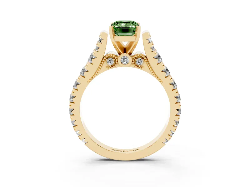 Emerald Cut Graduated Cathedral Engagement Ring Setting for a Fancy Green Lab-Grown Diamond | Side Stones | Yellow Gold