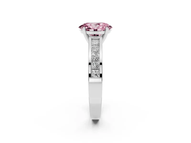 Fancy Pink Oval Cut Diamond Solitaire Ring Set in Silver with Channel-Set Band and Prong Setting
