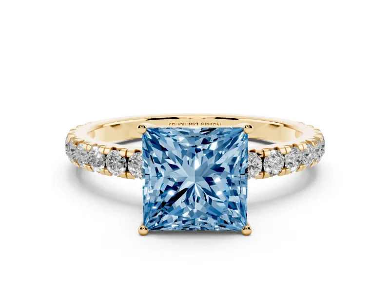 Fancy Blue Princess Cut Diamond Pavé Solitaire Engagement Ring Set in Yellow gold with Prong Setting