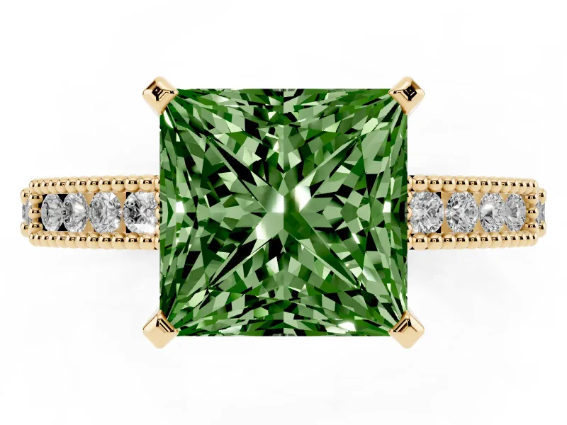 Princess Cut Vintage Pavé Engagement Ring Setting for a Fancy Green Lab-Grown Diamond | Yellow Gold