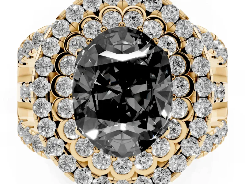 Oval Double Halo Split Shank Engagement Ring Setting for a Black Center | Pavé Strands | Yellow Gold