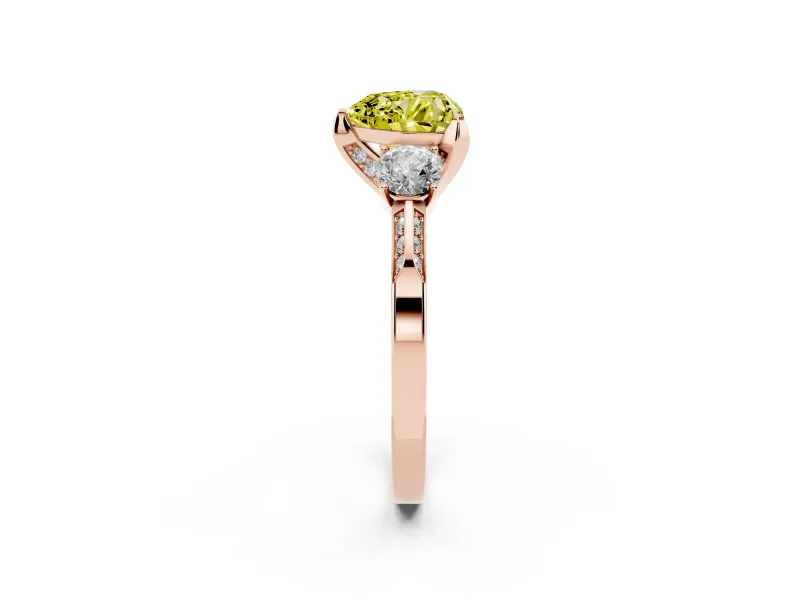 Heart-Shaped Hidden Halo Three Stone Engagement Ring Setting for a Fancy Yellow Lab-Grown Diamond | Rose Gold