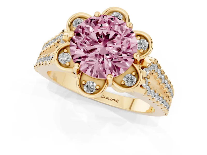 Round Floral Halo Engagement Ring Setting for a Fancy Pink Lab-Grown Diamond | Pavé Split Shank | Yellow Gold