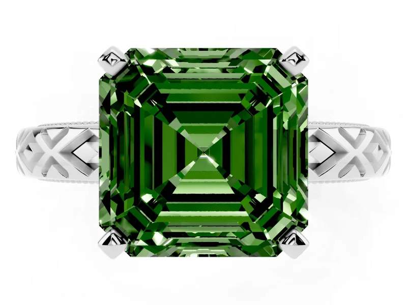 Fancy Green Asscher Cut Diamond Solitaire Ring Set in Platinum with Milgrain and Black Enamel X Pattern Band