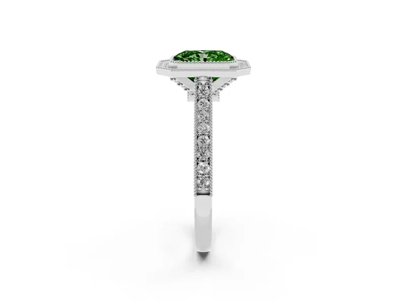 Radiant Cut Vintage Milgrain Halo Engagement Ring Setting for a Fancy Green Lab-Grown Diamond | Bezel Head | White Gold