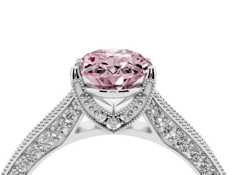 Fancy Pink Oval Cut Diamond Solitaire Ring Set in Silver with Milgrain-Edged Pavé Band and Prong Setting