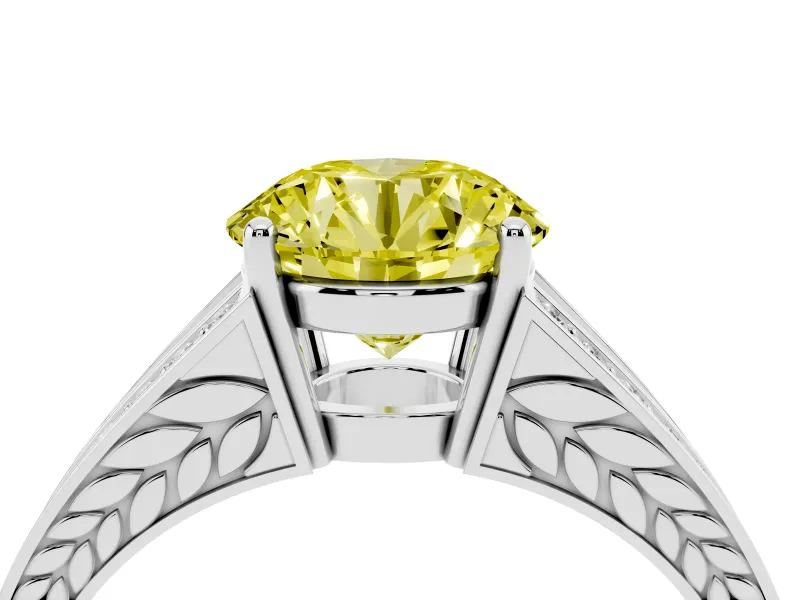 Fancy Yellow Round Cut Diamond Split Shank Ring Set in Silver with Pavé Band and Prong Setting