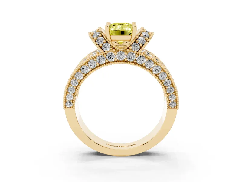 Emerald Cut Vintage Pave Engagement Ring Setting for a Fancy Yellow Lab-Grown Diamond | Milgrain Edges | Yellow Gold