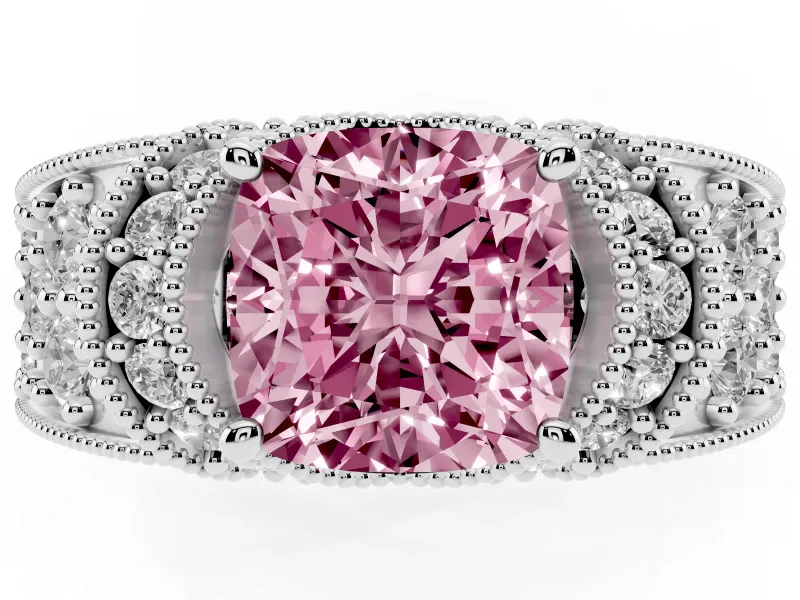 Cushion Cut Vintage Pave Engagement Ring Setting for a Fancy Pink Lab-Grown Diamond | Milgrain Edges | Platinum