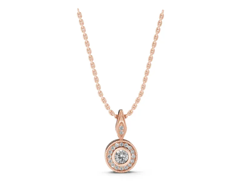 Round Lab-Grown Diamond Vintage Halo Pendant Necklace | Bezel and Milgrain | Rose Gold
