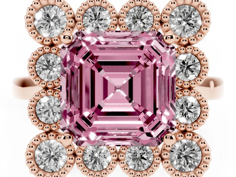 Asscher Cut Milgrain Cluster Halo Engagement Ring Setting for a Fancy Pink Lab-Grown Diamond | Plain Band | Rose Gold