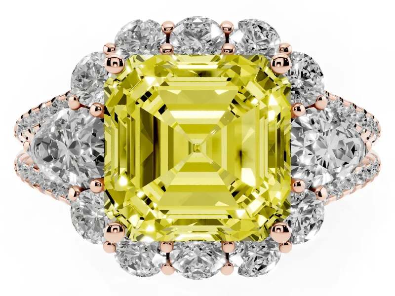 Fancy Yellow Asscher Cut Diamond Halo Split Shank Engagement Ring Set in Rose gold with Prong-Held Center Stone