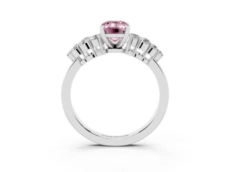 Emerald Cut Side Stone Engagement Ring Setting for a Fancy Pink Lab-Grown Diamond | Two-Row Shoulder Clusters | Platinum