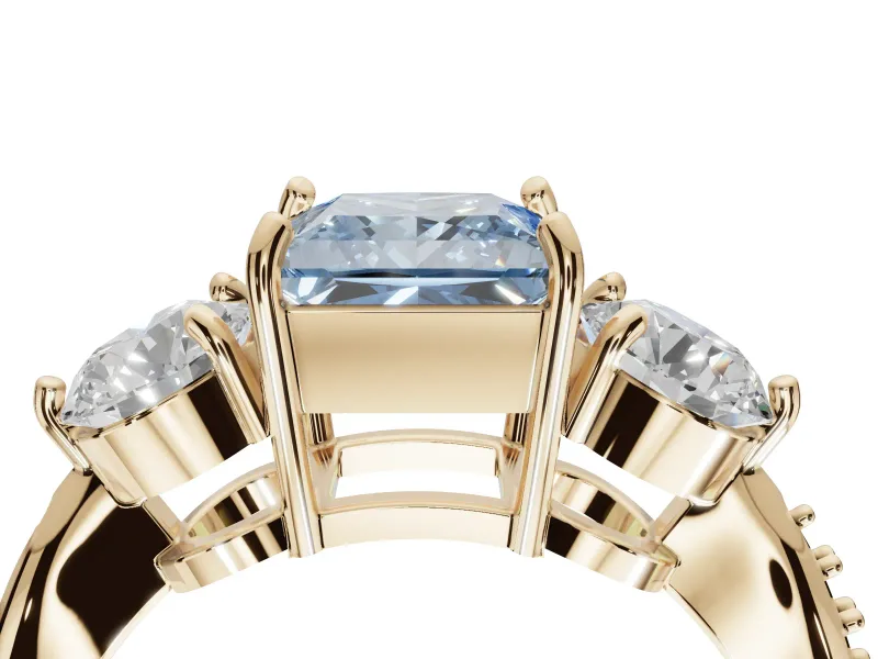 Princess Cut Three Stone Engagement Ring Setting for a Fancy Blue Lab-Grown Diamond | Tapered Pave Band | Yellow Gold