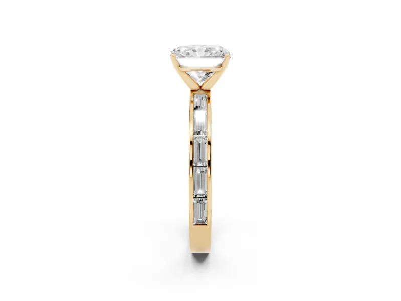 Radiant Cut Diamond Solitaire Ring Set in Yellow gold with Channel-Set Baguette Band and Prong Setting
