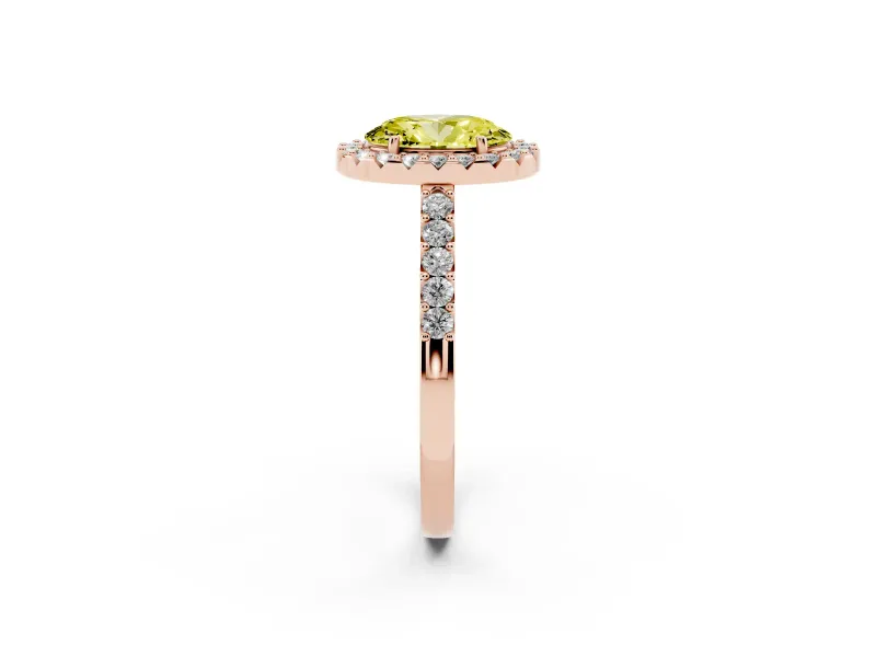 Fancy Yellow Oval Cut Diamond Halo Pavé Solitaire Ring Set in Rose gold with Prong-Set Center Stone