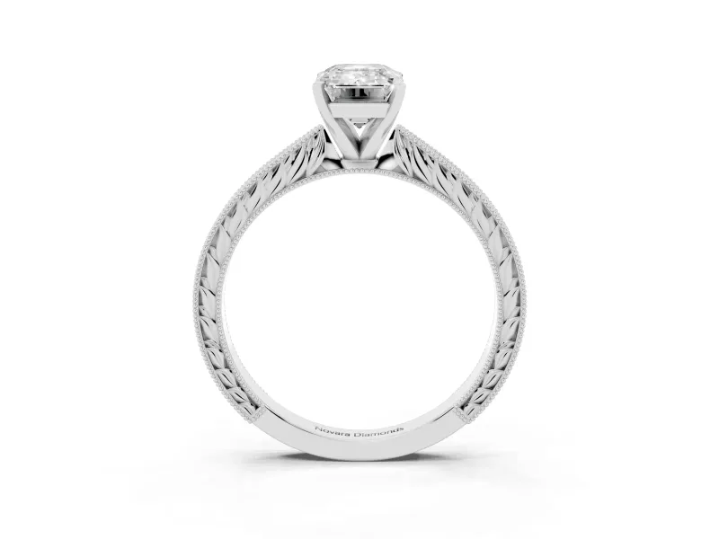 Emerald Cut Diamond Solitaire Milgrain Engraved Band Set in Platinum with Prong Setting